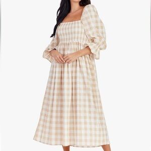 Mud Pie Beige white Gingham Square Neck ruffle sleeve  byerly midi dress L